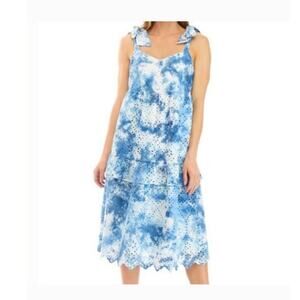 Crown‎ & Ivy Midi Dress 10 Sleeveless Blue Tie Dye Eyelet 100% cotton Coquette